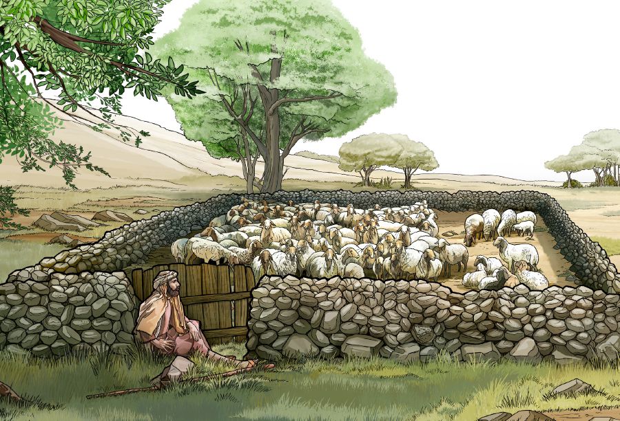 एक मेंढपाळ कुरणाच्या दारावर पहारा देताना