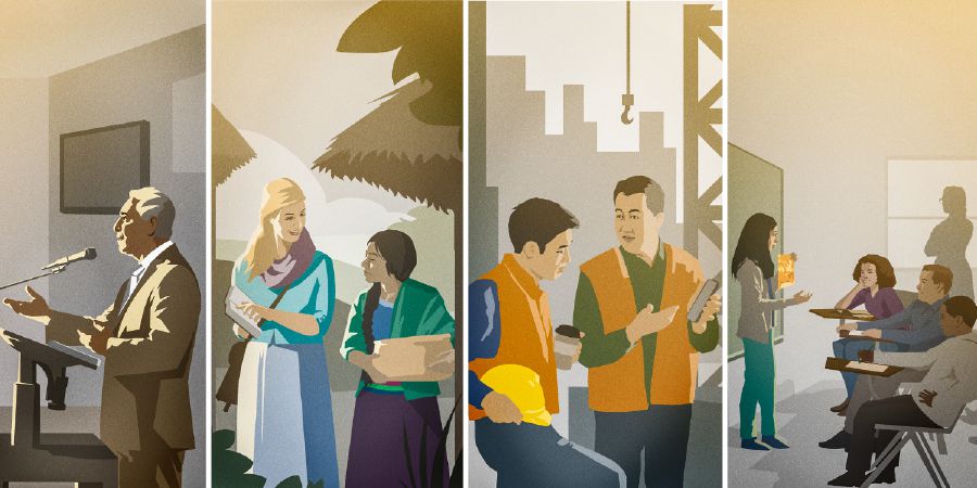 एक बांधव भाषण देत आहे; एक बहीण प्रचार करत आहे; कामाच्या ठिकाणी एक बांधव साक्ष देत आहे; एक किशोरवयीन तिच्या वर्गात भाषण देत आहे