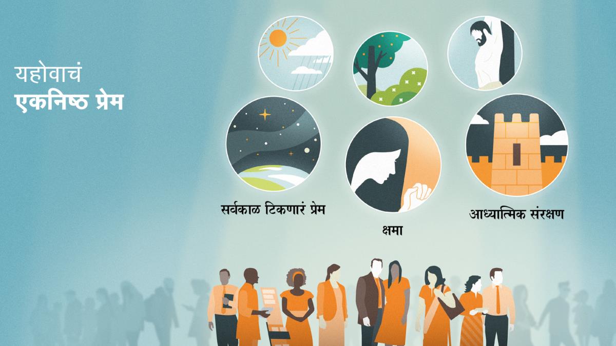 सर्व लोकांमध्ये यहोवाचे सेवक ठळकपणे दाखवले आहेत. चित्रं: यहोवाच्या एकनिष्ठ प्रेमाचा पुरावा. १. ताऱ्‍यांनी भरलेल्या आकाशाने वेढलेली पृथ्वी. यावरून देवाचं सर्वकाळ टिकून राहणारं प्रेम दिसून येतं. २. एक बहीण प्रार्थना करत आहे. यावरून दिसून येतं, की यहोवा आपल्याला क्षमा करतो. ३. शहराभोवती असलेल्या भिंतींप्रमाणे यहोवा आपलं आध्यात्मिक संरक्षण करतो. मागे दिलेल्या चित्रांमध्ये, यहोवा सर्व लोकांना दाखवत असलेल्या प्रेमाचा पुरावा दिसून येतो. ४. सूर्यप्रकाश आणि पाऊस. ५. फुलं आणि झाडंझुडपं. ६. खंडणी बलिदान.