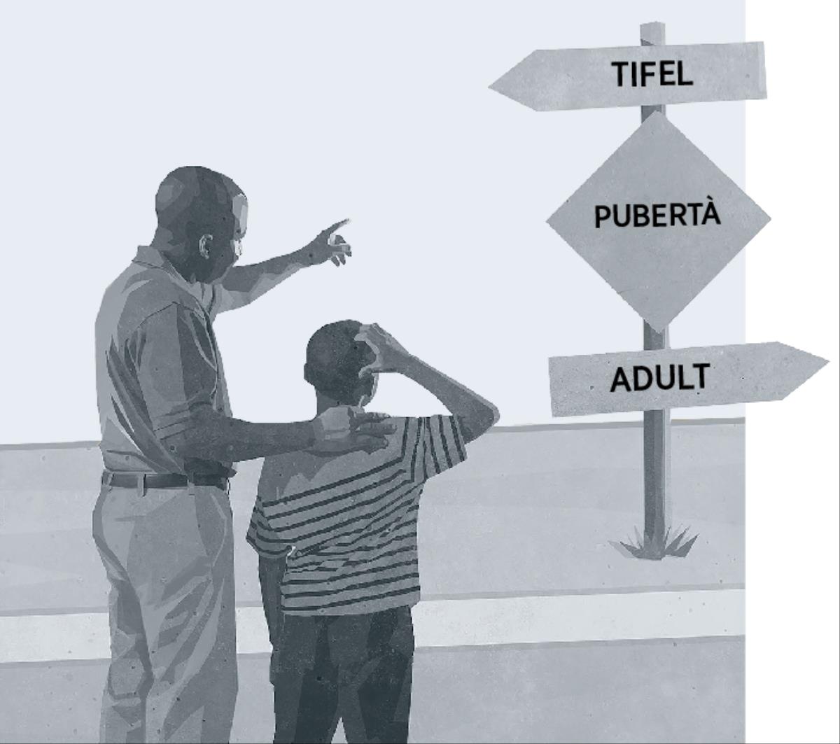 Missier u iben iħarsu lejn tabella li turi l-pubertà li hi t-triq li mit-tfulija wieħed isir adult