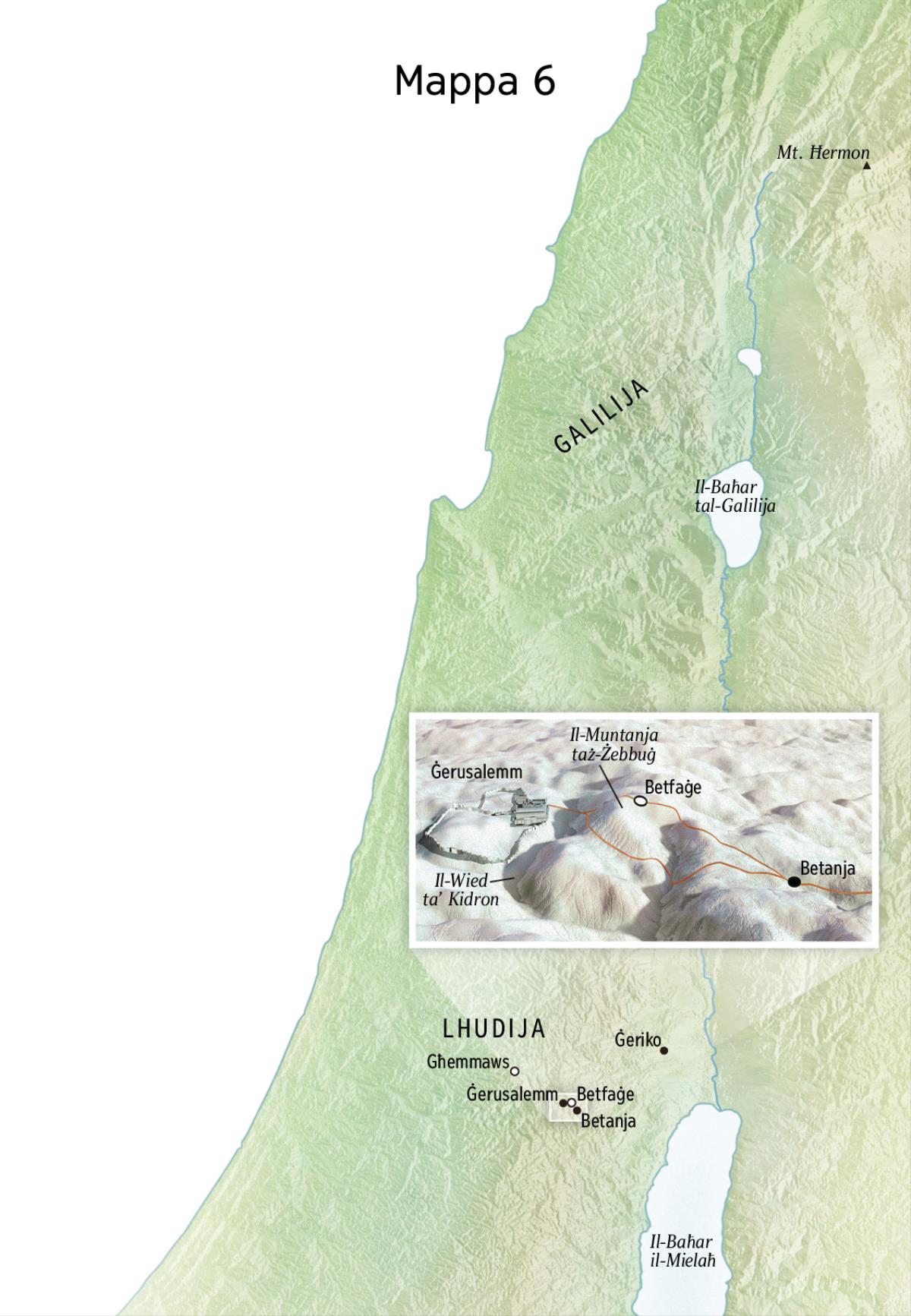 Mappa li turi l-aħħar ministeru taʼ Ġesù u din tinkludi Ġerusalemm, Betanja, Betfaġe, u l-Muntanja taż-Żebbuġ