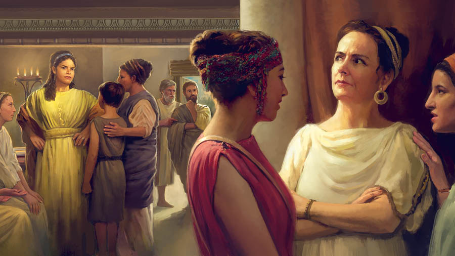 Evodja u Sintike qed iberrqu lejn xulxin waqt li qed jitkellmu m’oħrajn fil-kongregazzjoni.