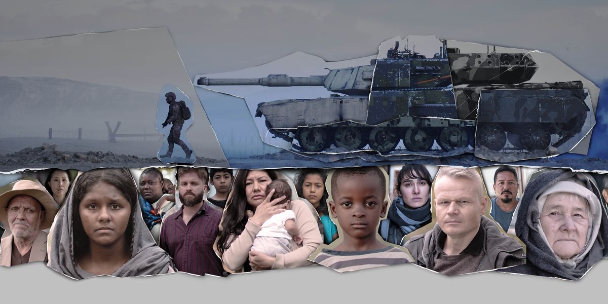 Grupp taʼ stampi: 1. Suldat qed jimxi f’għalqa u warajh hemm tank tal-gwerra. 2. Ħafna rġiel, nisa, u tfal taʼ nazzjonalità differenti qed jiġu affettwati mill-gwerra.