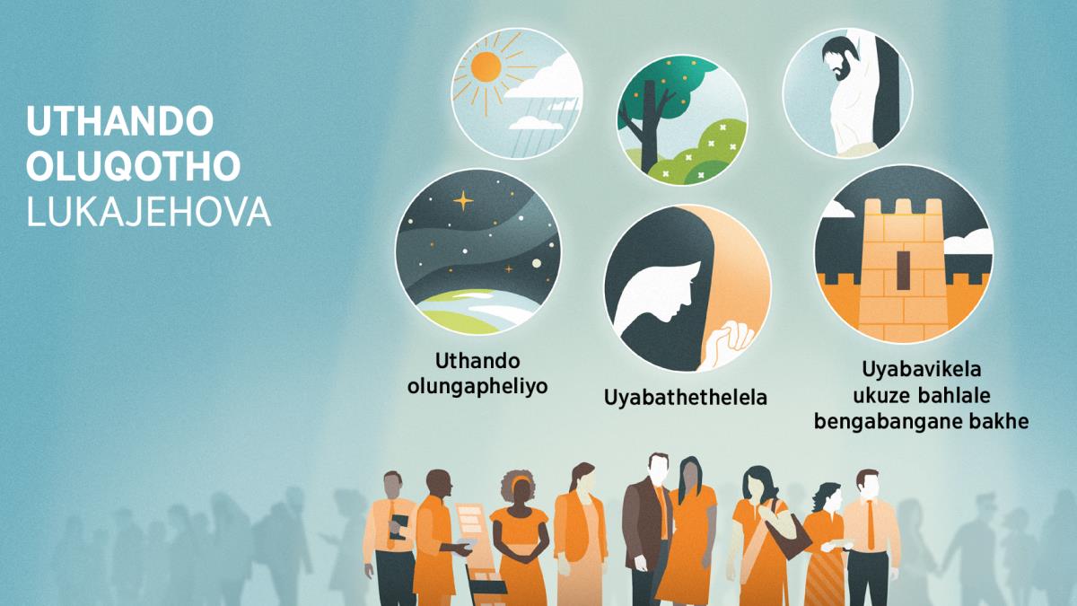 Izinceku zikaJehova zikhanyisiwe kulabanye bonke. Umfanekiso: Okutshengisa uthando oluqotho lukaJehova. 1. Uthando olungapheliyo, olumelwa ngumfanekiso womhlaba lamazulu agcwele izinkanyezi. 2. Ukuthethelelwa, okumelwa ngumfanekiso kadade othandazayo. 3. Ukuvikelwa kwabantu bakhe ukuze bahlale bengabangane bakhe, okumelwa ngumduli ogombolozele idolobho. Amapikitsha aphezulu atshengisa ukuthi uJehova uthanda abantu bonke. 4. Ilanga lezulu. 5. Amaluba lotshani lezihlahla. 6. Inhlawulo.
