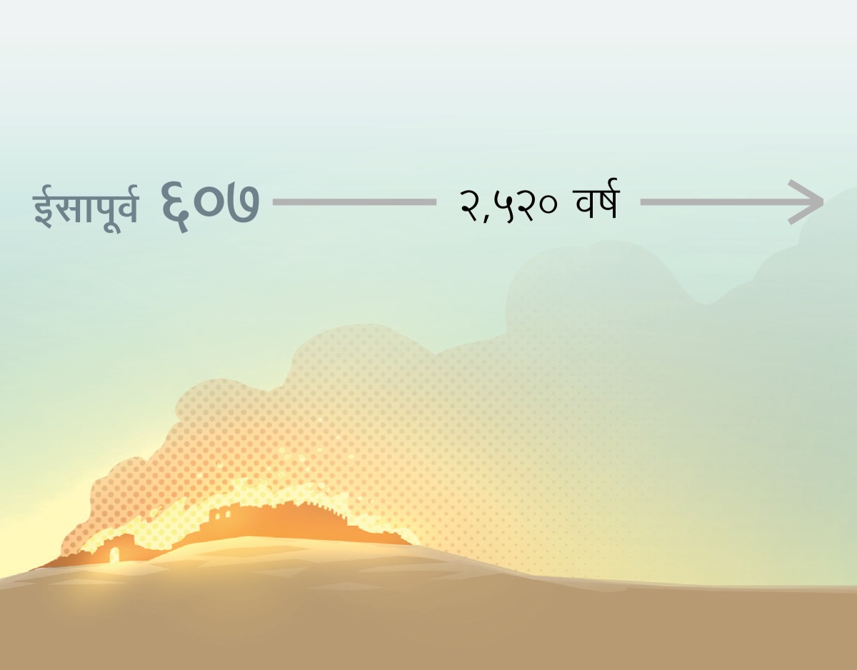 ईसापूर्व ६०७ मा यरुसलेम आगोले नाश हुँदै छ। त्यसपछि २,५२० वर्ष बित्छ।