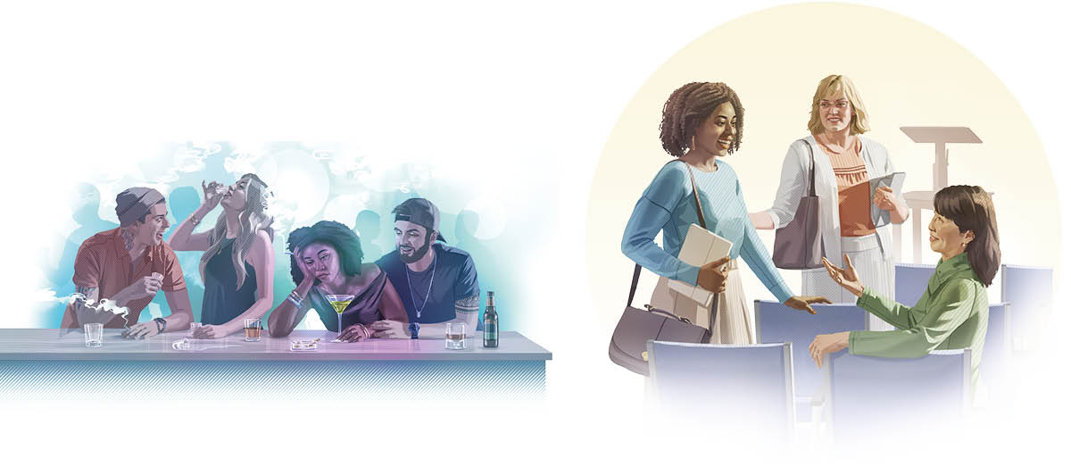 चित्रहरूको सँगालो: १. निन्याउरो अनुहार लगाएकी एउटी युवती आफ्नो ब्वाईफ्रेन्डको छेउमा बस्छिन्‌। तिनी रात्रि क्लब साथीहरूसित रक्सी पिउँछिन्‌ र चुरोट खान्छिन्‌। २. उक्‍त युवती सभाभवनमा बहिनीहरूसित खुसी भई कुरा गर्छिन्‌।