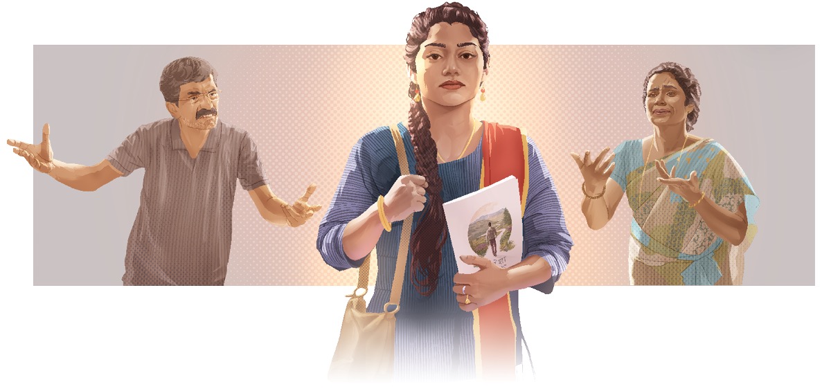 एउटी युवती आमाबुबाको विरोधको बाबजुद बाइबल अध्ययन गर्न जाँदै छिन्‌।