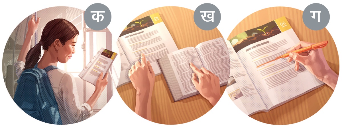 चित्रहरूको सँगालो: एउटी महिला बाइबल अध्ययनको लागि तयारी गर्दै छिन्‌। क. तिनी पाठको पहिलो पृष्ठ पढ्‌छिन्‌। ख. तिनी उल्लिखित पदहरू बाइबलबाट पढ्‌छिन्‌। ग. तिनी पाठका मुख्य शब्दहरू र वाक्यांशहरूमा चिन्ह लगाउँछिन्‌।