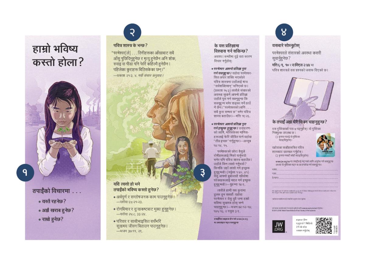 ‘हाम्रो भविष्य कस्तो होला?’ पर्चामा भएको एक देखि चार सङ्‌ख्याले पर्चाको चार वटा विशेषतालाई बुँदागत रूपमा देखाएको छ