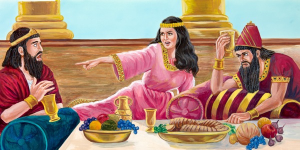 दरबारमा भोज खान बोलाएको बेलामा रानी एस्तरले राजा अहासूरसलाई हामानले इस्राएलीहरूविरुद्ध गरेको षड्यन्त्रबारे बताउँछिन्‌