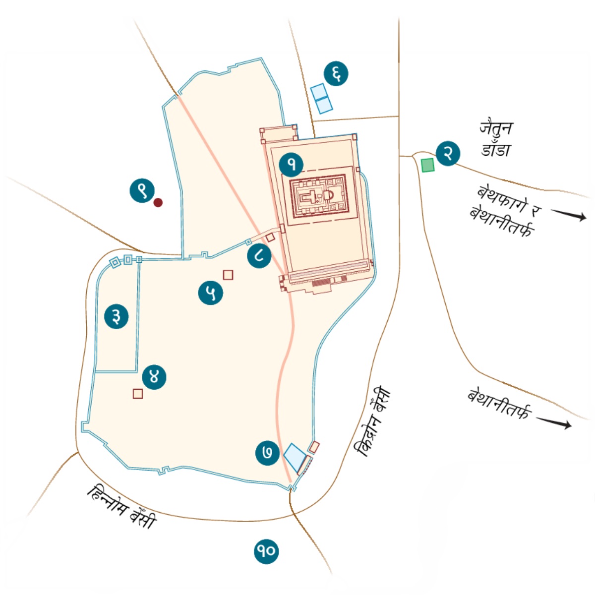 यरुसलेम र वरपरका इलाकाको नक्सा। पक्का भएका र सम्भाव्य ठाउँहरूको सूची। १. मन्दिर। २. गेत्समनीको बगैँचा। ३. राज्यपालको भवन। ४. कैयाफाको घर। ५. हेरोद एन्टिपासको महल। ६. बेथजाथा कुण्ड। ७. सिलोआमको कुण्ड। ८. यहुदी न्यायपरिषद्‌ भवन। ९. गलगथा। १०. हकल्दामा।