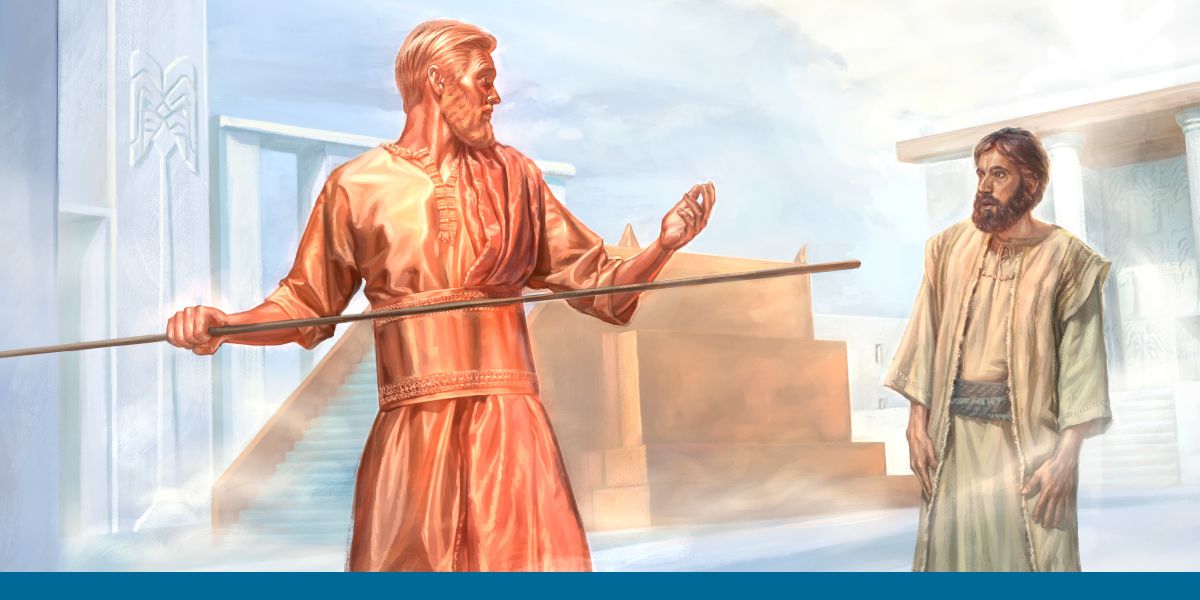 इजकिएल आफूलाई मन्दिर देखाउने स्वर्गदूतले मन्दिरका प्रवेशद्वारहरू नापिरहेको हेर्दै