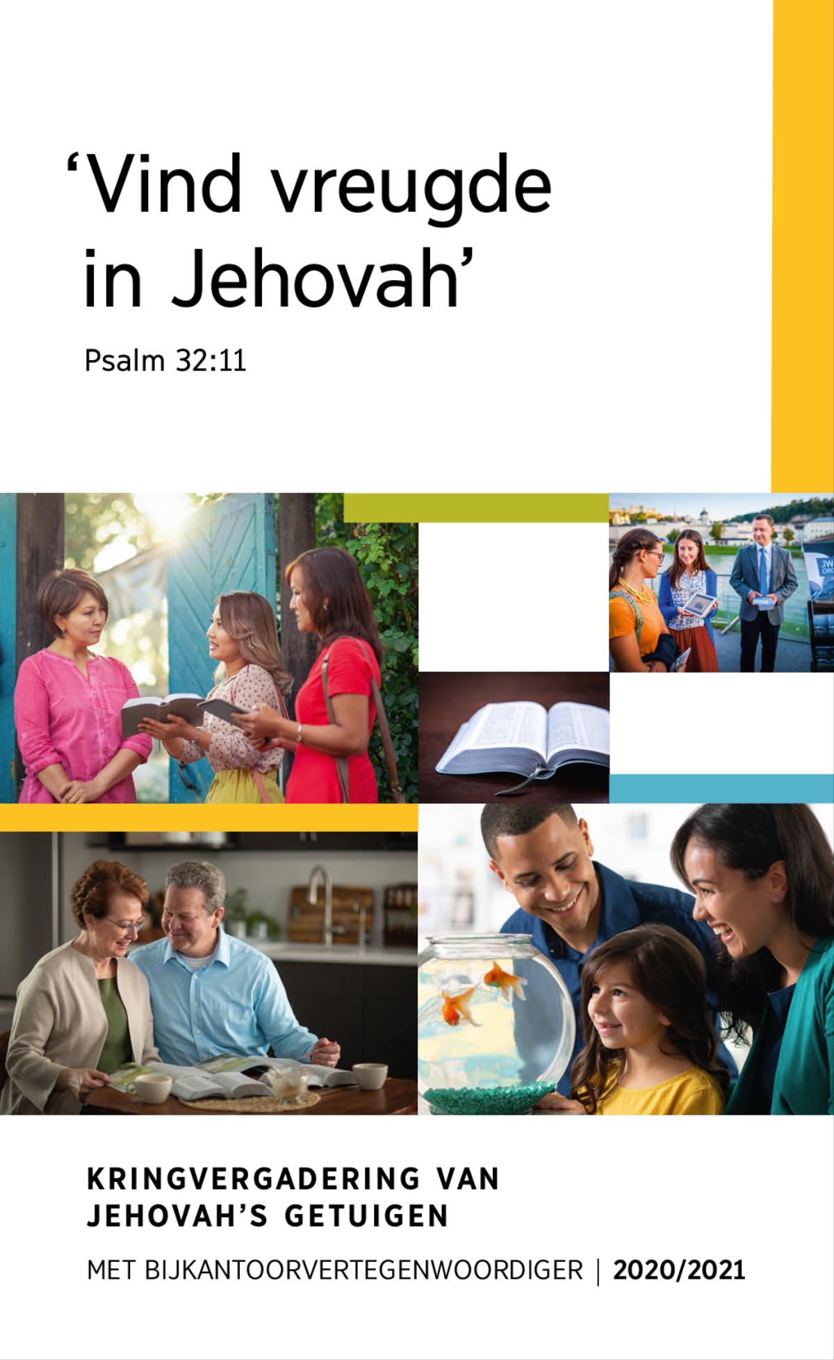 Collage: 1. Een gelukkig gezin kijkt naar goudvissen in een kom. 2. Twee Getuigen van Jehovah bespreken aan de deur een Bijbeltekst met een vrouw. 3. Een echtpaar is aan het studeren met behulp van Bijbelse publicaties. 4. Een opengeslagen Bijbel. 5. Een echtpaar laat op straat een vrouw een Bijbels filmpje zien.