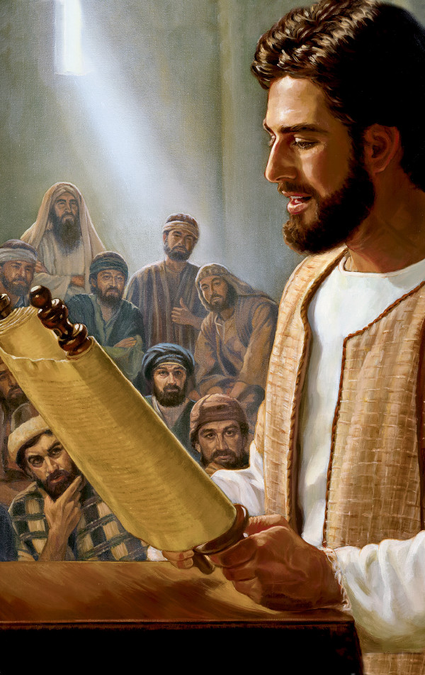 Jezus leest in een synagoge voor uit een boekrol.