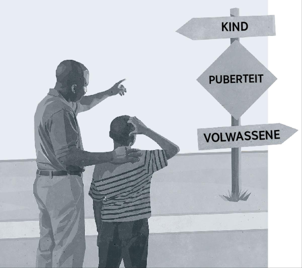 Een vader en zoon die naar een wegwijzer kijken waarop de weg van kind naar volwassene wordt getoond