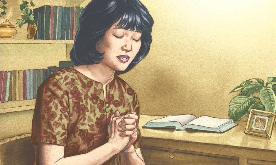 Een vrouw bidt tot Jehovah en draagt haar leven aan hem op