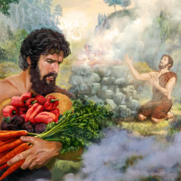 Abel offert zijn beste schapen aan Jehovah; Kaïn offert wat van zijn oogst