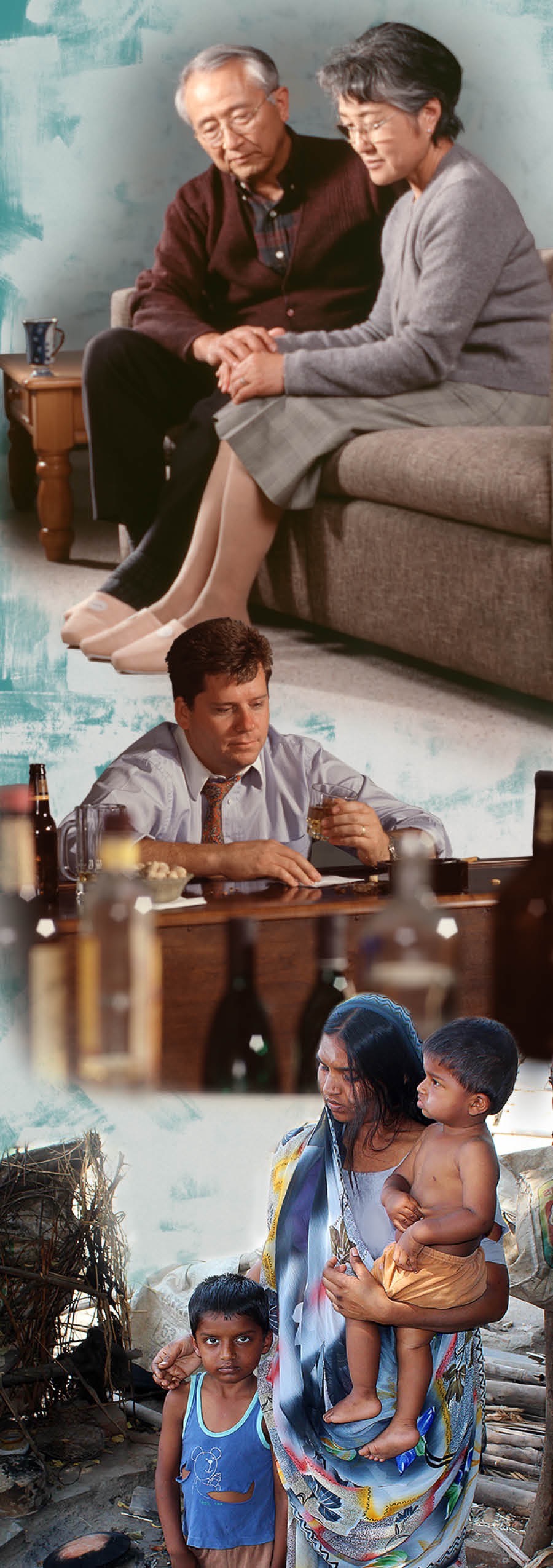 Een echtpaar heeft het zwaar; een man drinkt in zijn eentje alcohol; een gezin in extreme armoede