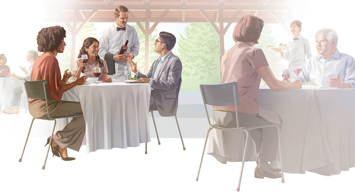 Een broeder kiest ervoor om in een restaurant geen wijn te drinken. De twee zusters die bij hem aan tafel zitten, drinken wel wijn.