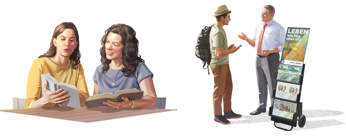 Collage: Jehovah’s Getuigen die prediken. 1. Een zuster praat met een vrouw over een Bijbeltekst. 2. Een broeder staat bij een lectuurstand en deelt de waarheid uit de Bijbel met een man.