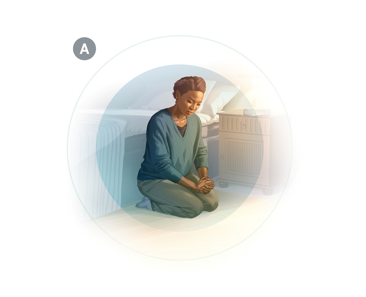 A. Een vrouw die zich in gebed aan God opdraagt.