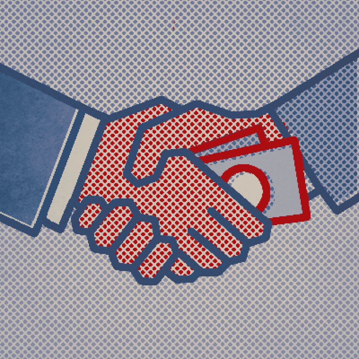 Een afbeelding van twee zakenmannen die elkaar de hand schudden. De een drukt de ander geld in de hand.