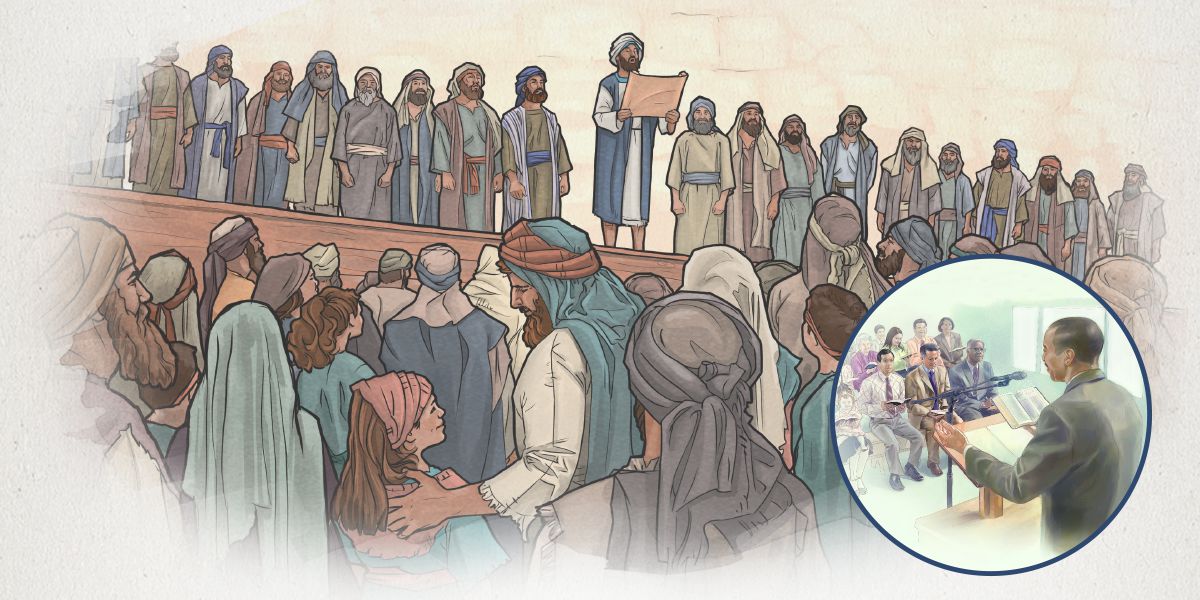 Een priester die de wet aan bijeengekomen Israëlieten onderwijst, en een ouderling die op een vergadering uit de Bijbel onderwijst