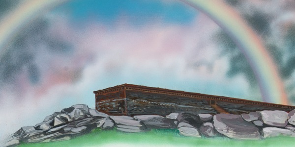 De eerste regenboog die verschijnt. De ark van Noach die op droog land ligt