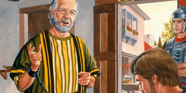 Paulus die een brief aan Timótheüs dicteert. Een Romeinse soldaat die de wacht houdt