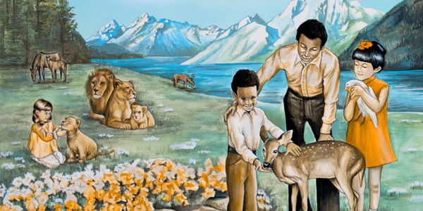 Mensen die met de dieren spelen in het paradijs op aarde