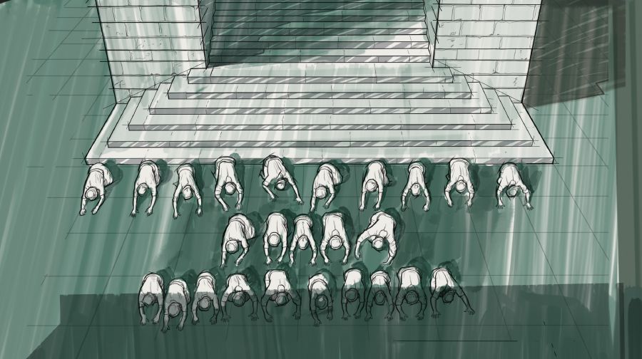 25 mannen buigen zich in het binnenste voorhof van de tempel neer voor de zon