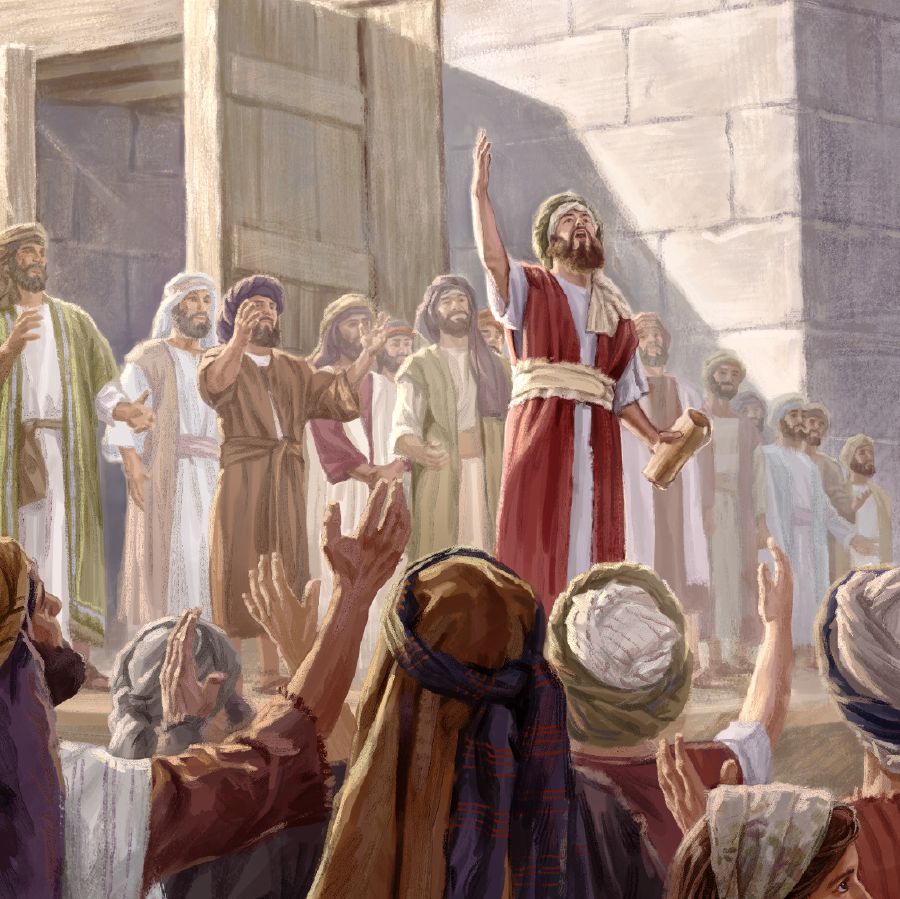 Ezra en andere mannen onderwijzen Jehovah’s wetten aan het volk