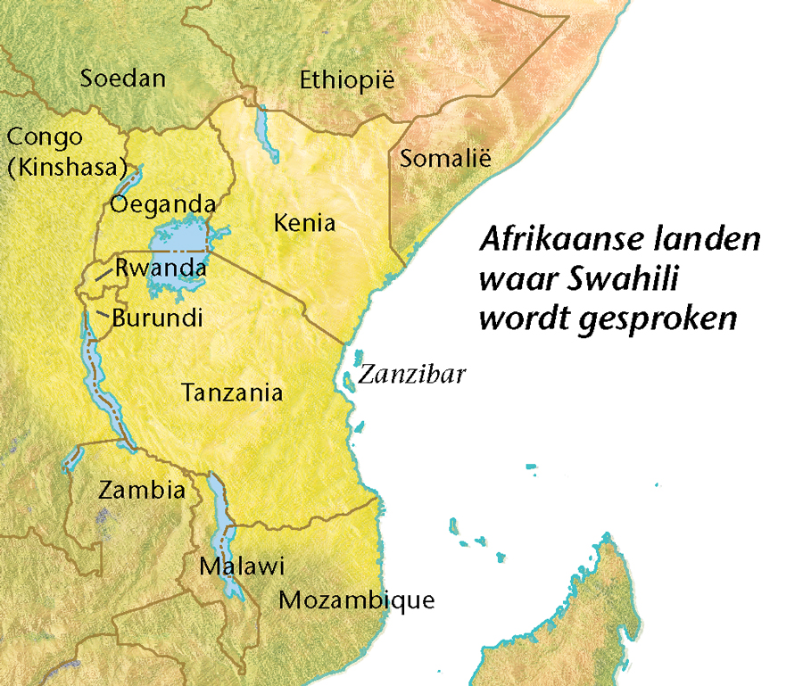 Een kaart met Afrikaanse landen waar Swahili wordt gesproken