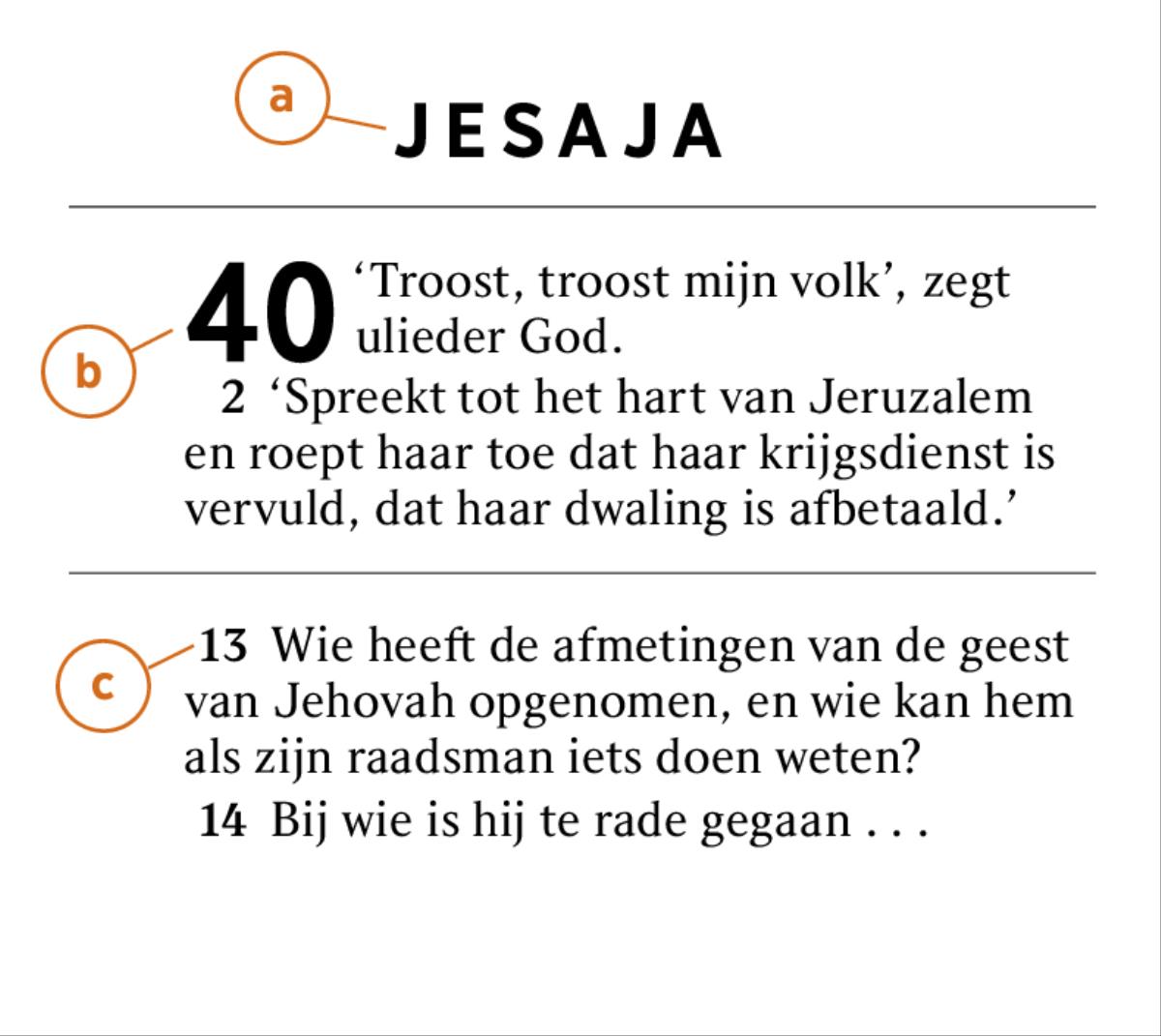 Een Bijbelgedeelte dat wordt gebruikt om te laten zien hoe a) een Bijbelboek, b) een hoofdstuk en c) een vers worden aangeduid