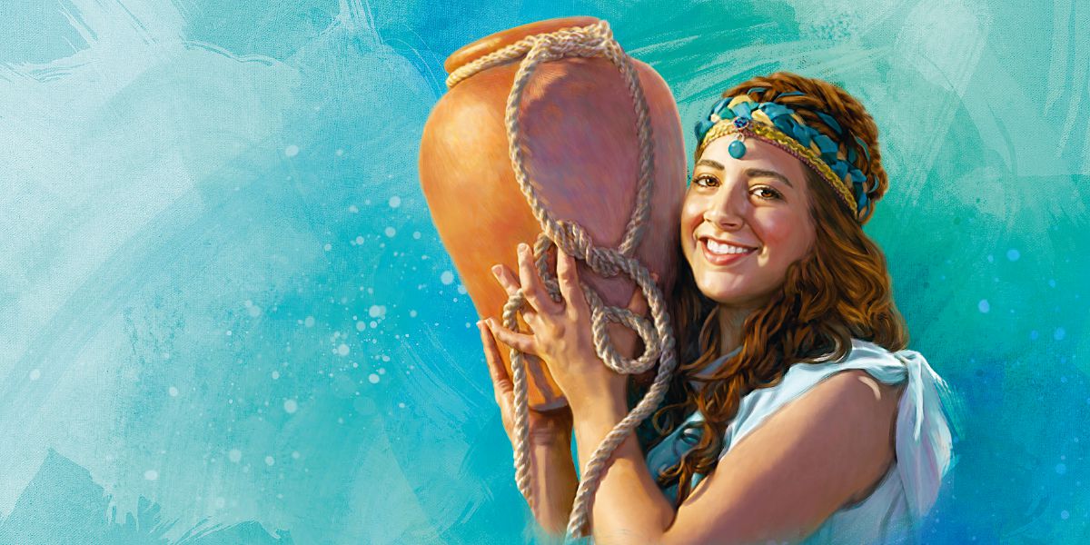 Rebekka met een waterkruik op haar schouder