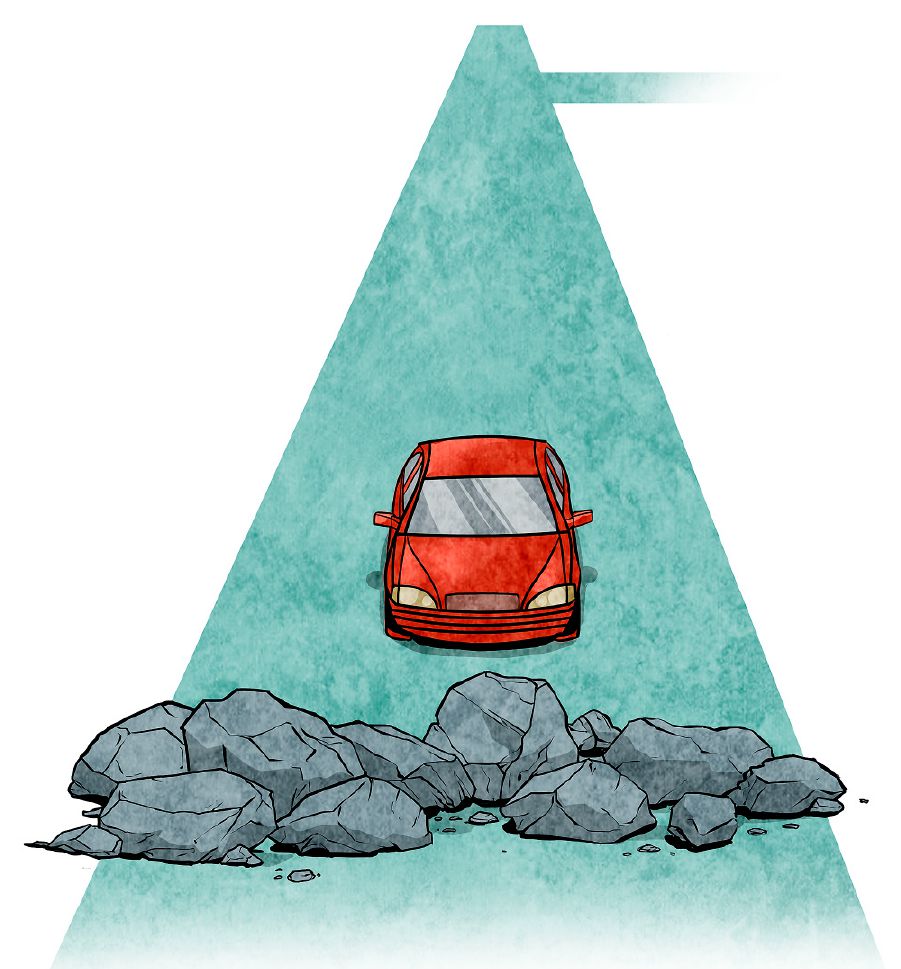 Een auto die voor een wegversperring moet stoppen