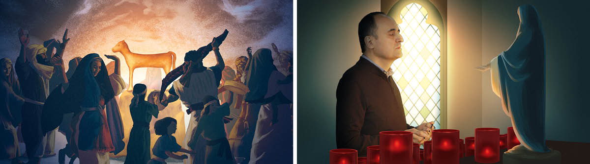 Esyopitsa: 1. Israelites worship a statue of a golden calf at the foot of Mount Sinai. 2. Omulume mulebe ane n’esapuli embere sy’esanamu ya Maria inyakine mumbesa.