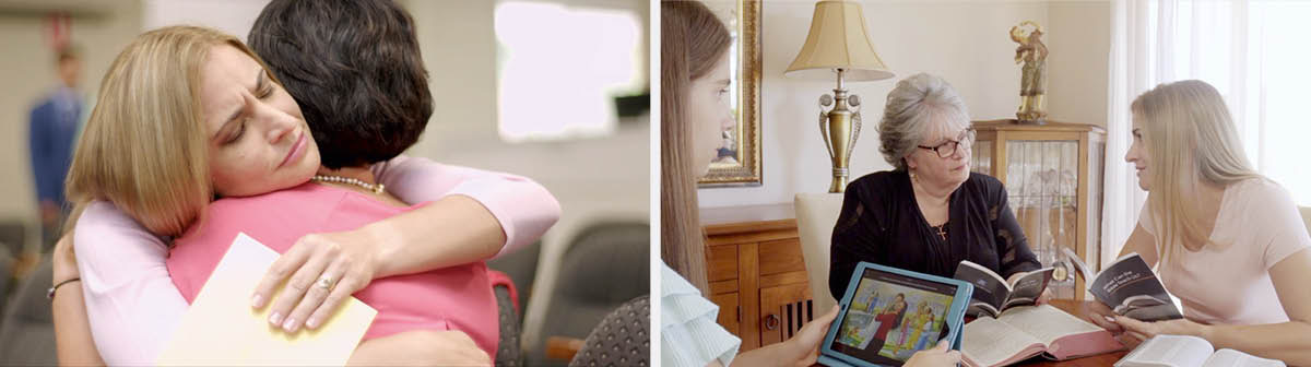 Bildeserie: Scener fra videoen «Hvordan gir håpet om de dødes oppstandelse oss mot?» 1. En søster trøster Veronica på et møte dagen etter at Phelicity døde. 2. Veronica og en av døtrene hennes bruker Bibelen til å trøste en kvinne.