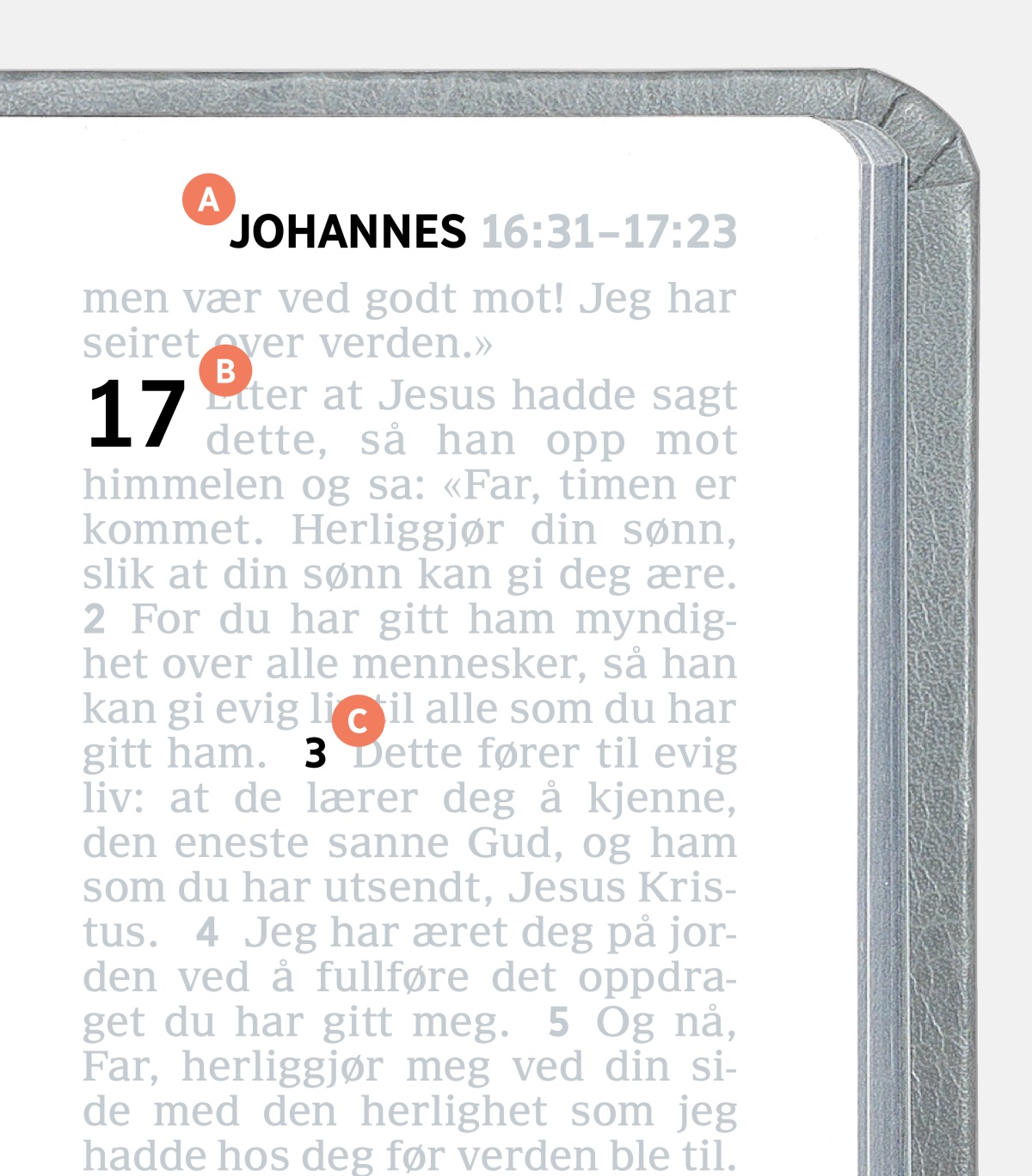 Etiketter som viser trekkene A, B og C på en side i Bibelen.