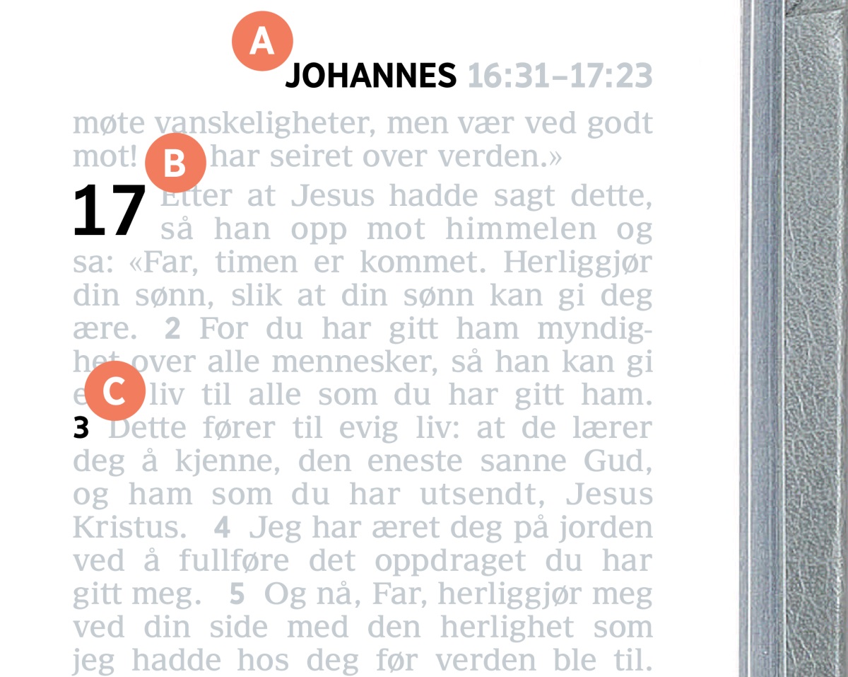 Lite bilde som viser trekkene A, B og C på en side i Bibelen.