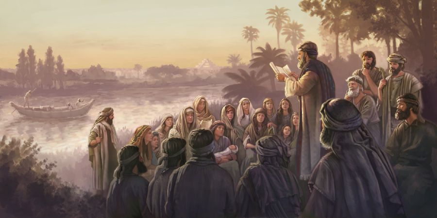 Jødiske menn, kvinner og barn lytter mens det blir lest fra en bokrull ved en elv. Byen Babylon ses i bakgrunnen.