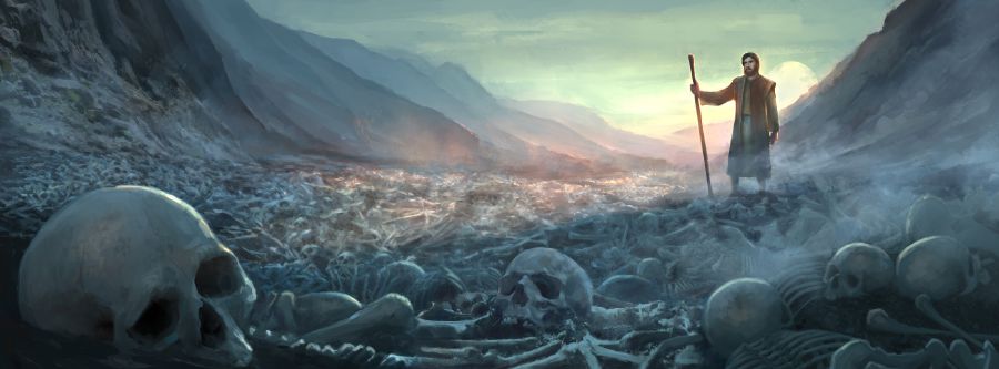 Esekiel ser utover en dal som er dekket av tørre knokler.