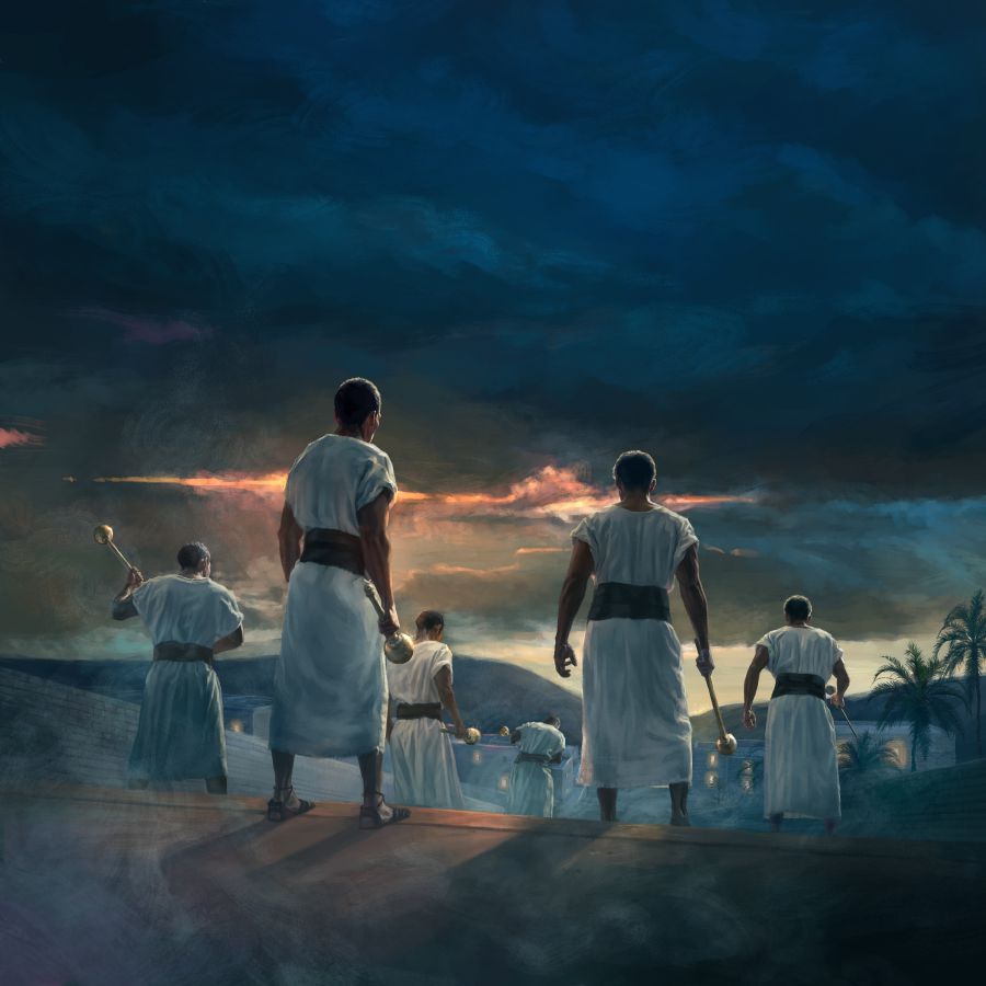 Seks menn går mot Jerusalem. Hver mann har et slagvåpen i hånden.