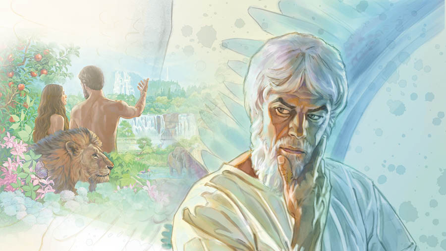 Satan ser på Adam og Eva, som gleder seg over livet i Edens hage.