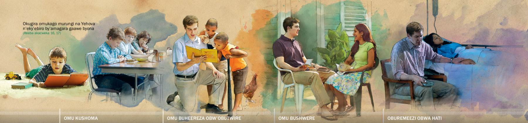 Omwojo muto naateeraho kugira omukago murungi na Yehova: 1. Obu yaabaire naashoma; 2. Obu yaabaire ari omu buheereza obw’obutwire; 3. Ari omu bushwere; 4. Omu buremeezi obw’obunaku obu