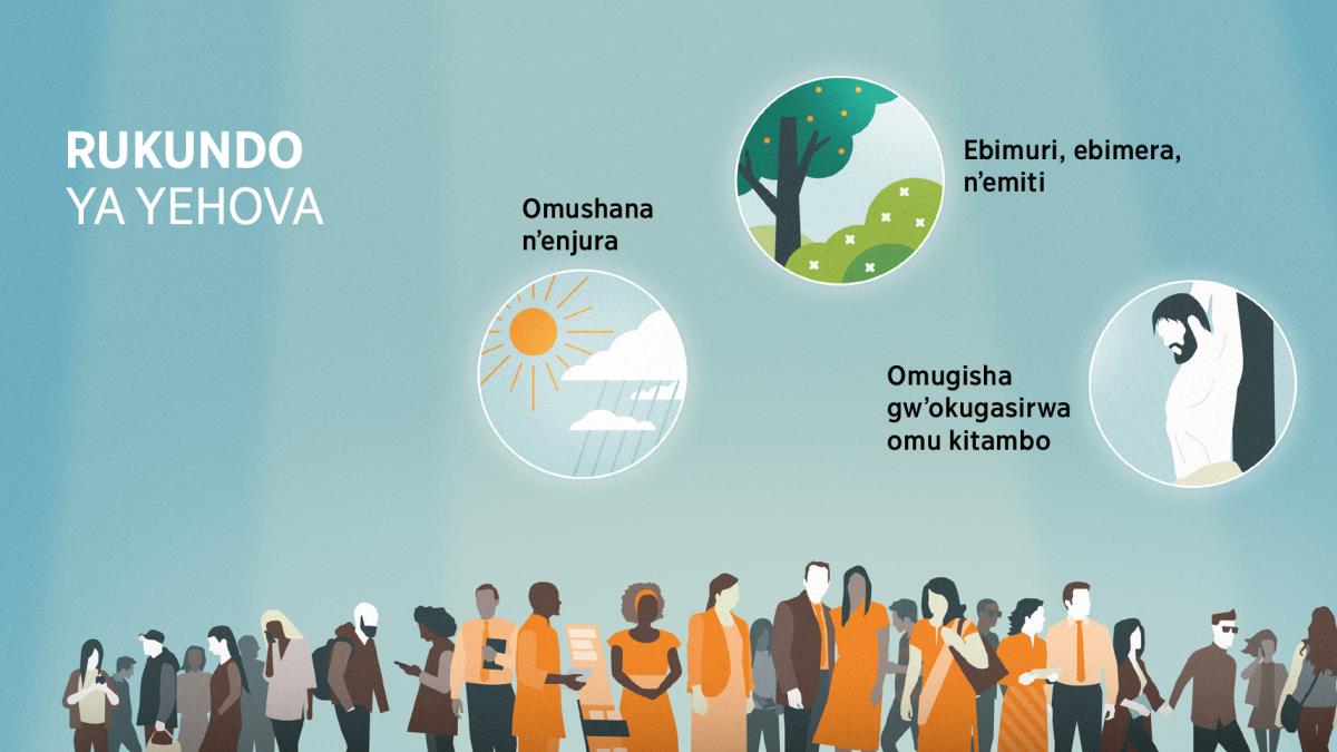 Abantu b’obukomooko butarikushushana n’emyaka etarikwingana. Ebishushani: Emiringo ei Yehova arikworekamu rukundo. 1. Omushana n’enjura. 2. Ebimuri, ebimera, n’emiti. 3. Omugisha gw’okugasirwa omu kitambo.