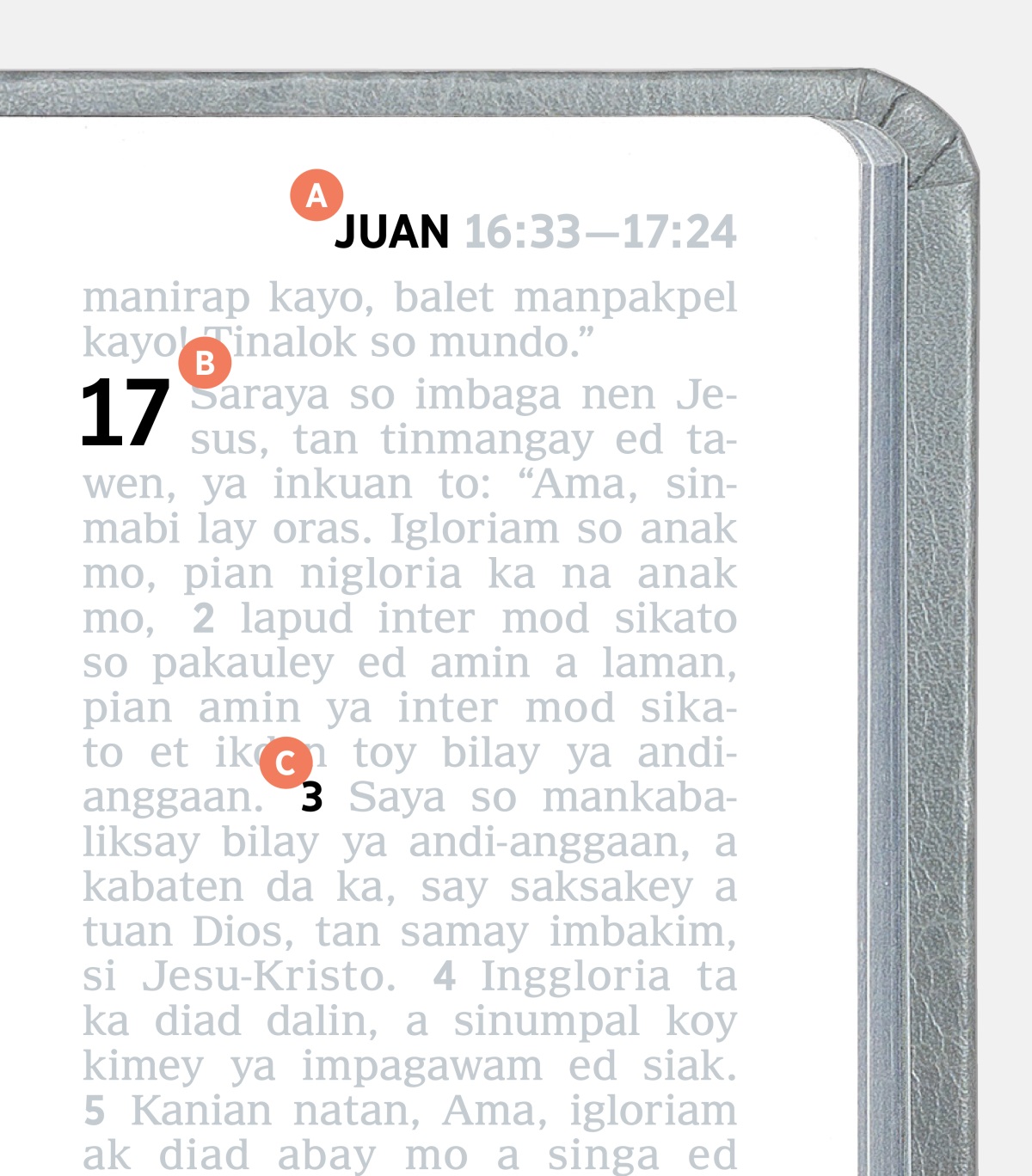 Saray label ya mangipapanengneng na feature A, B, tan C diad sakey ya pahina na Biblia.