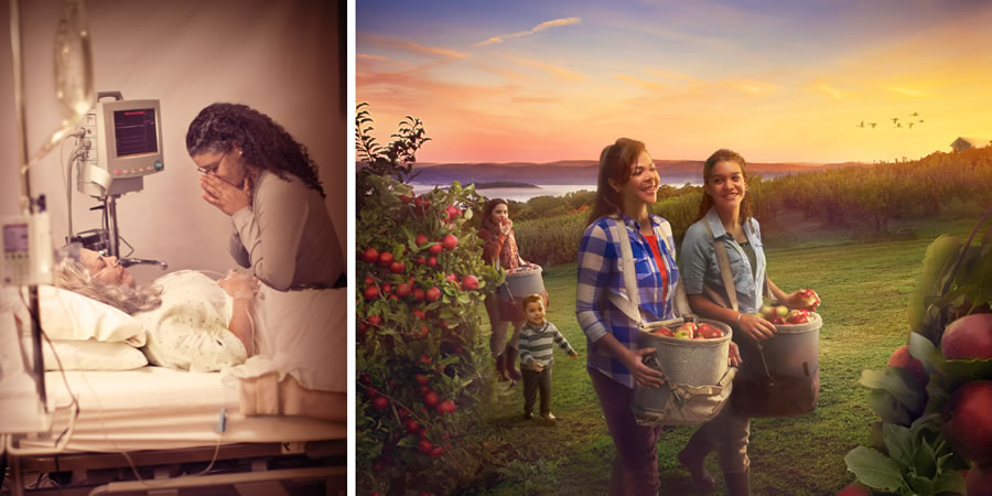 1. A young Christian sister mourns at the bedside of her mother who has just died; 2. The same young Christian sister harvesting apples with her resurrected mother who is young and healthy
