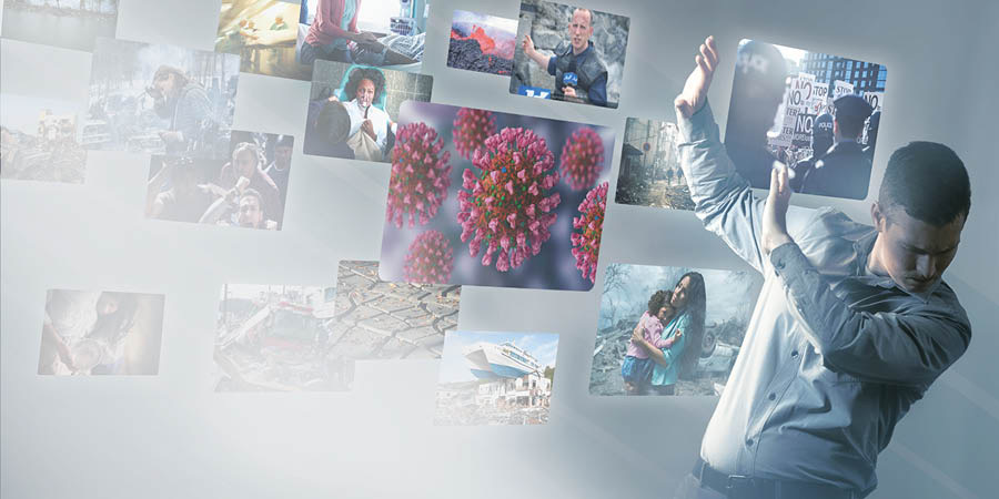 Un hòmber ta kita su kara for di e mal notisianan. E ta hañ’é bombardiá ku informashon di guera, malesa, pobresa, wèlga i hopi otro situashon ku ta ansh’é i kans’é.