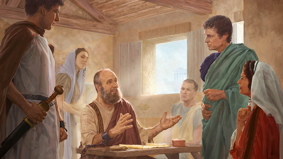 Timoteyo waphata mpukutu pomwe ankuyankhula na mwamuna wachikulire.